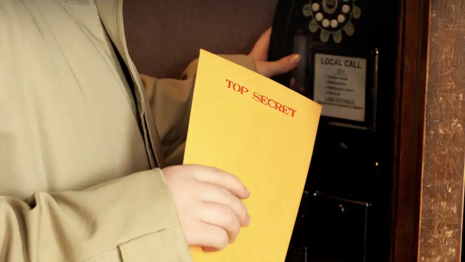 Del av en detektiv, hållandes ett gult blad med orden Top Secret på, framför en gammaldags telefon