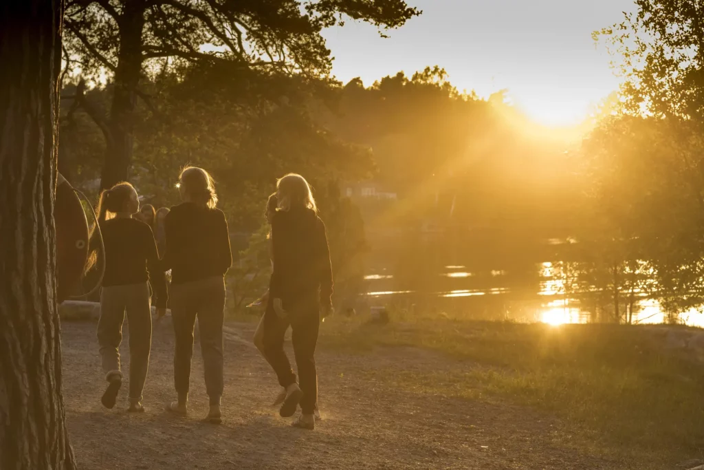 Barn går förbi en tall mot en solnedgång som speglas i vattnet
