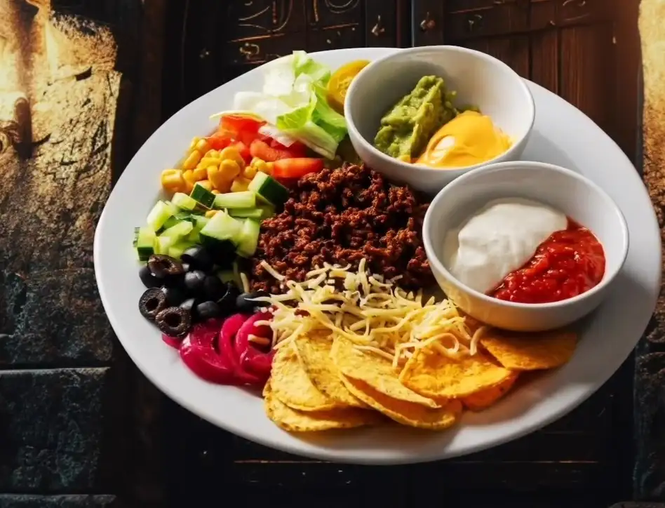 en tallrik med alla tillbehör från tacobuffén som färs, grönsaker, såser och chips